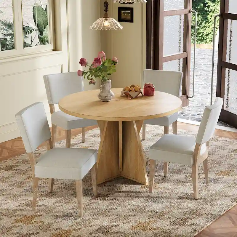 5-Piece Round Dining Table with 4 Upholstered Chairs