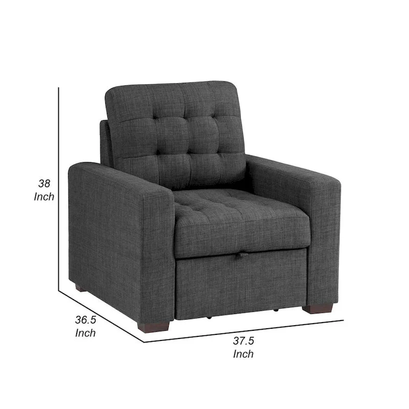 Cliff 37 Inch Chair, Pull Out Ottoman, Dark Gray Polyester, Espresso Wood