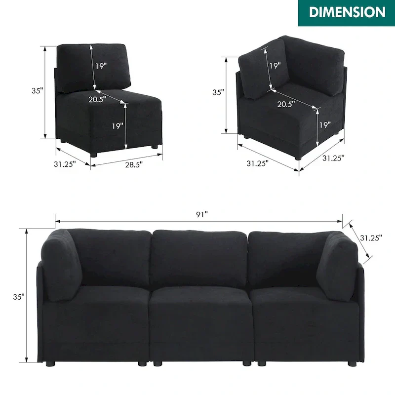 Modern Modular 3 Piece Reversible Sectional Linen Sofa Couch Optional in Free Combination