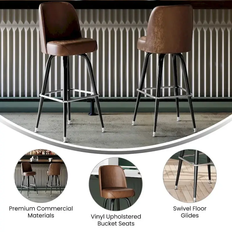 Metal Barstool with Swivel Vinyl Upholstered Bucket Seat and Footrest - 18.5D x 18.5W x 42.5H