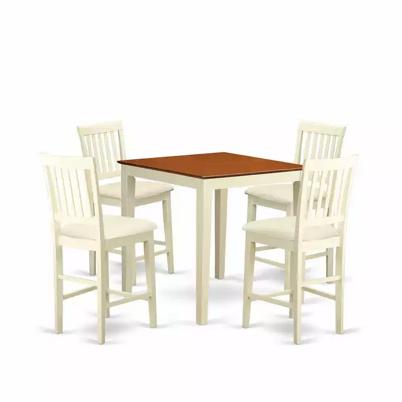 HomeStock Belmont 5 Piece Dining Room Furniture Set Includes a Round Dining Table with Pedestal and 4 Wood Seat Chairs, 42x42 Inch, Linen White
