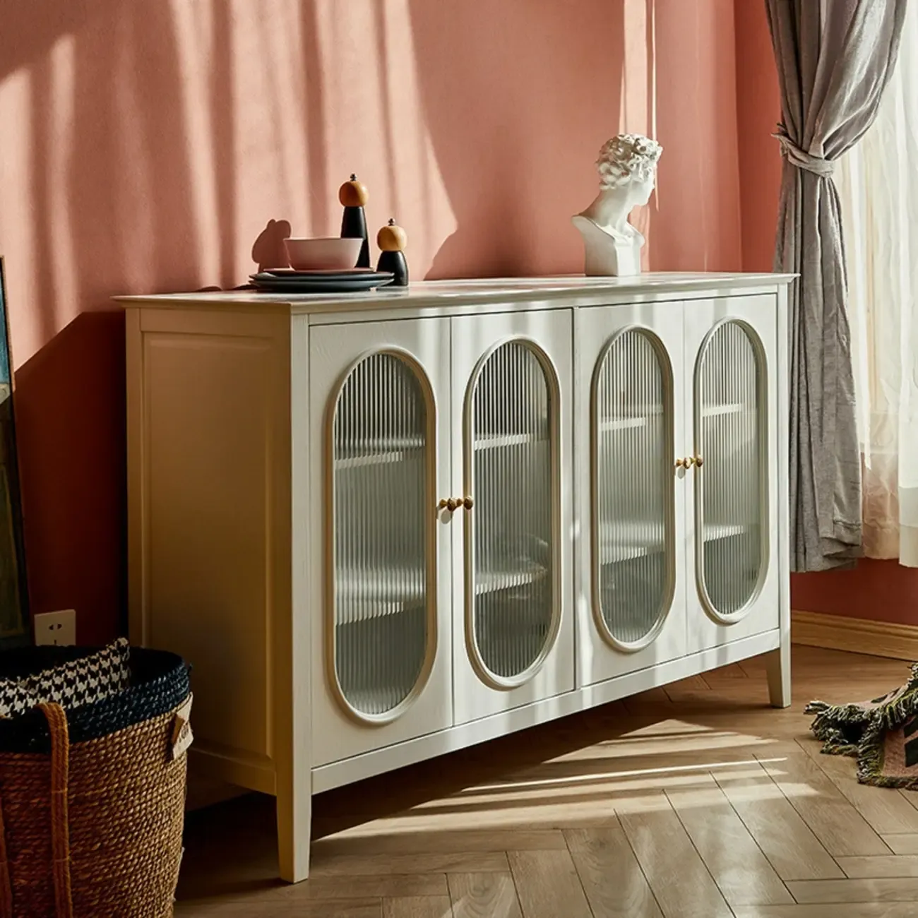 Scandinavian Oak Wooden Oval Fluted Glass Utility Cabinet