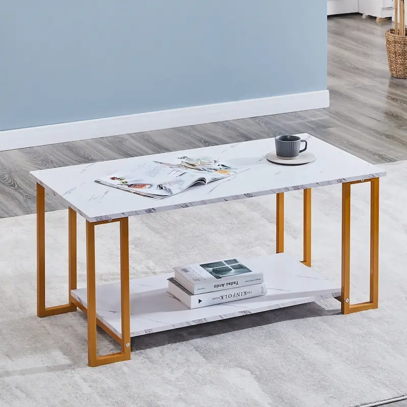 39.37 L MDF Rectangle Tabletop Iron Coffee Table , Dining Room, Coffee Shop, Resterant, White Top, Gold Leg