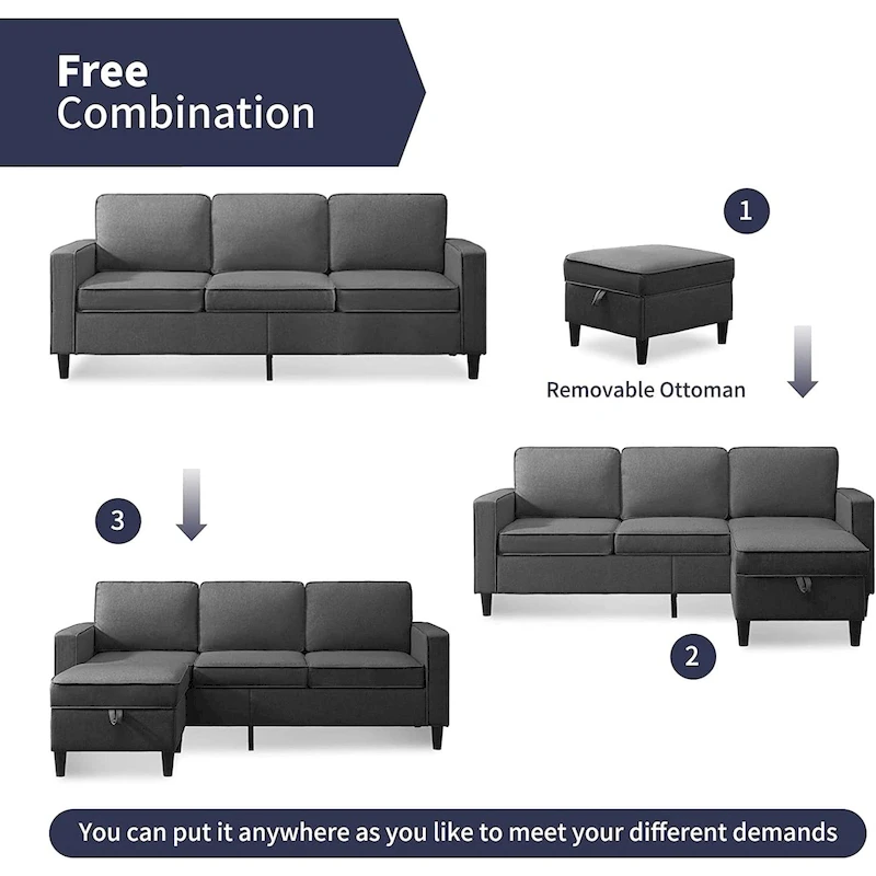 Mixoy 78inch Modern 3-Seat L Shaped Upholstered Sofa with Ottoman