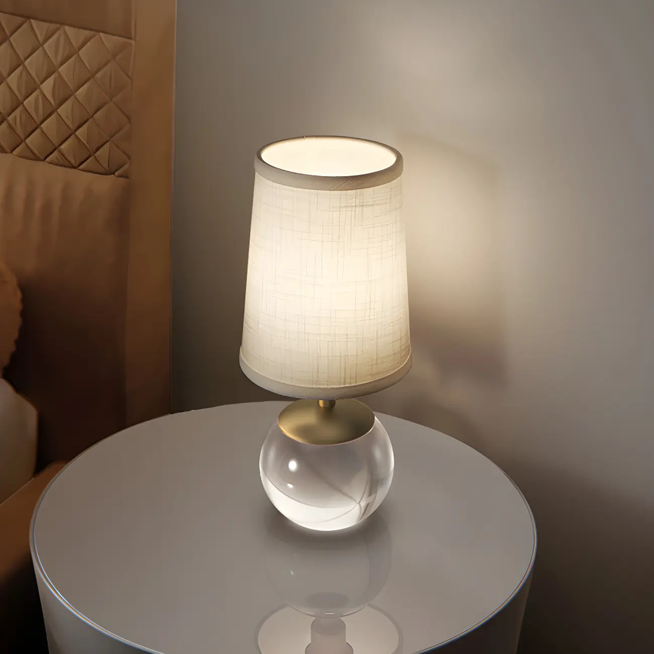 Elegant Clear Glass Bedside Lamp White Geomatric Shade