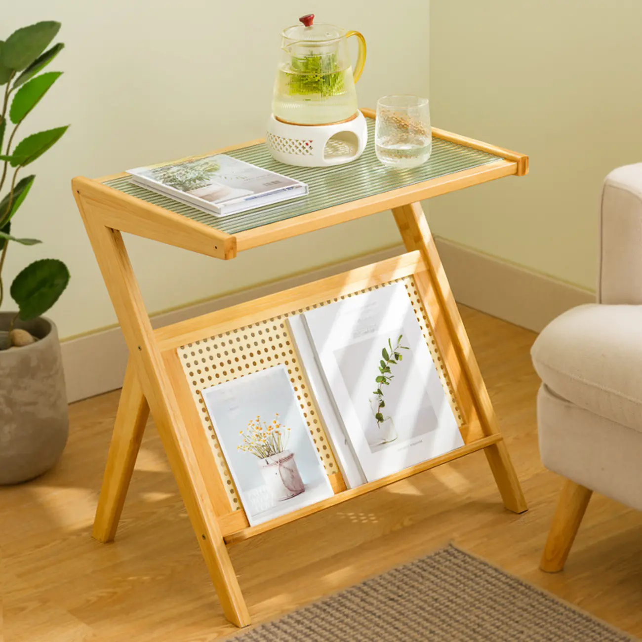 Glass and Wood Modern Foldable End Table with Rack
