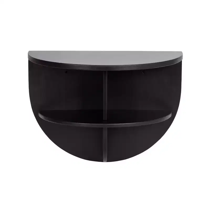 Half Circle Wood Floating Side Table – 18x14, Black, Built-In Shelves, Space-Saving