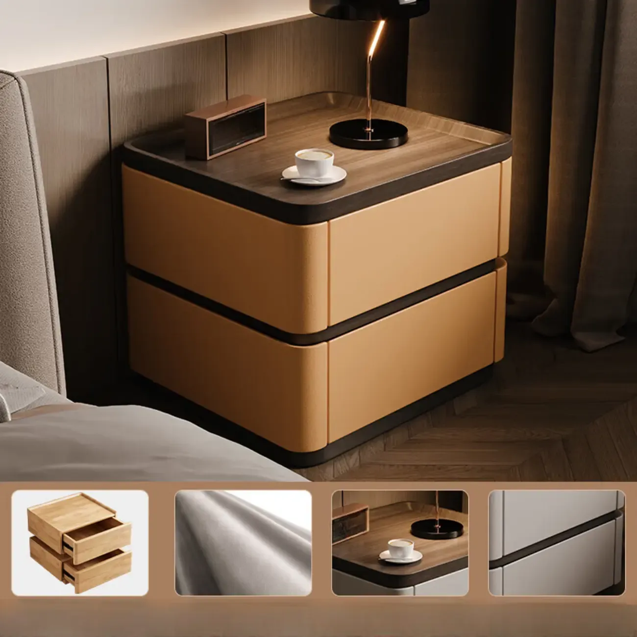 Wooden Overbed 2 Drawers Nightstand with Grooved Top