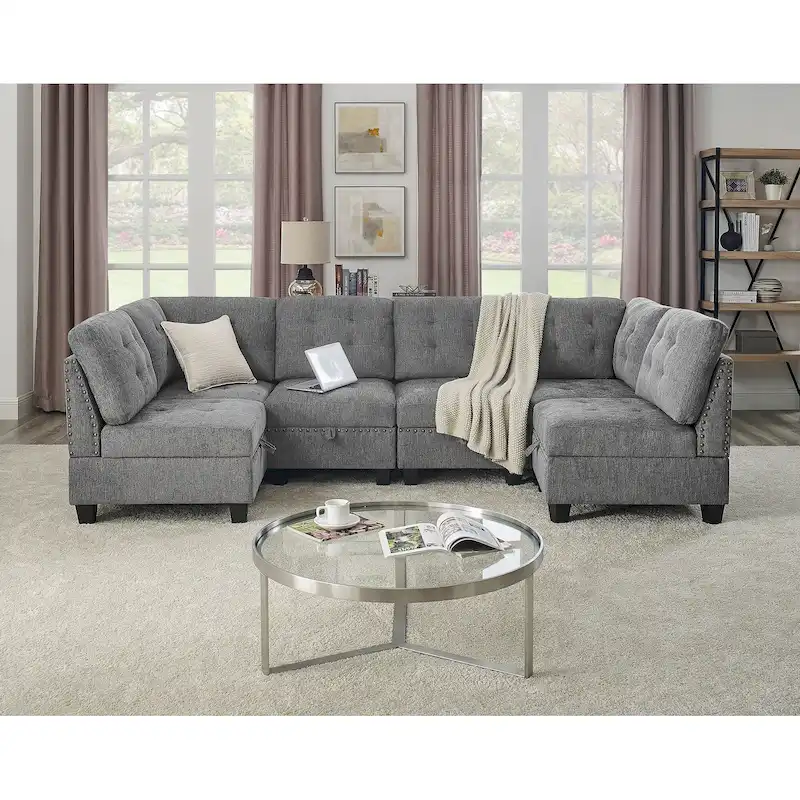 Grey 116 U-Shaped 6-Seat Modular Sectional Sofa with Four Individual Chairs and Two Corner Pieces, Includes Storage Options