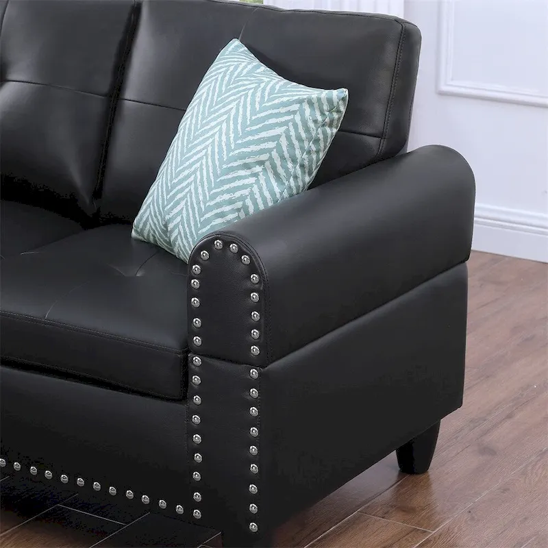 L-shaped Faux Leather Sectional Sofa with Ottoman and Pillows