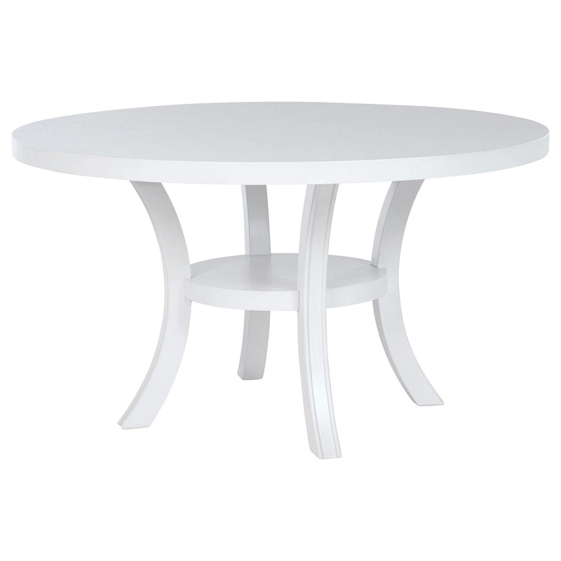Judy Round Dining Table with Shelf and Flared Legs, White Wood 54 Inch