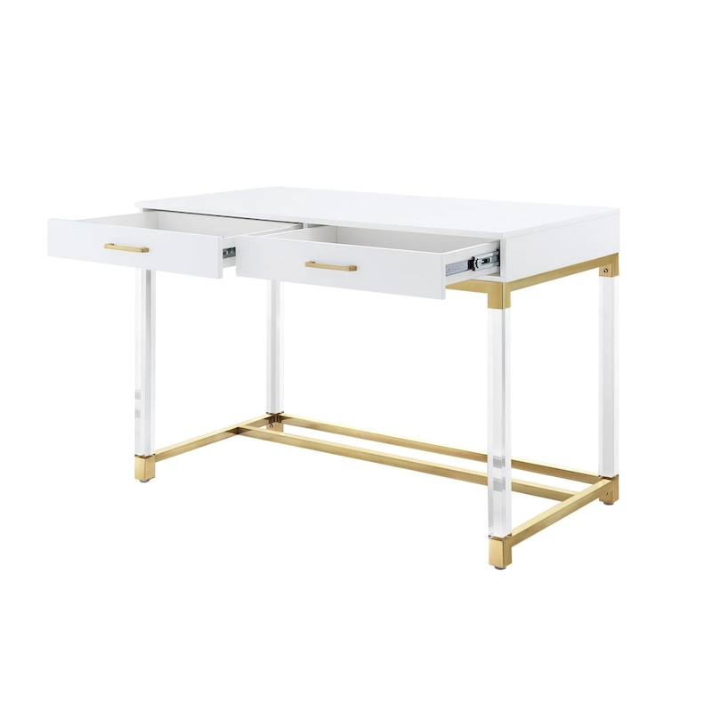 HomeRoots 48 White Clear and Gold Wood Acrylic and Stainless Steel Writing Desk With Two Drawers