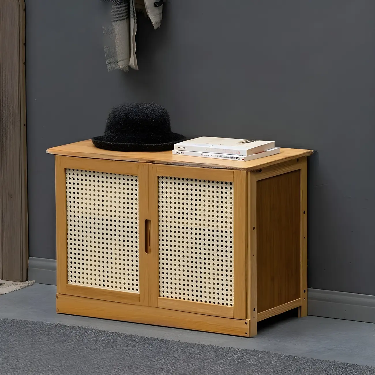 Bamboo Adjustable Shelves Shoe Storage with Rattan Doors