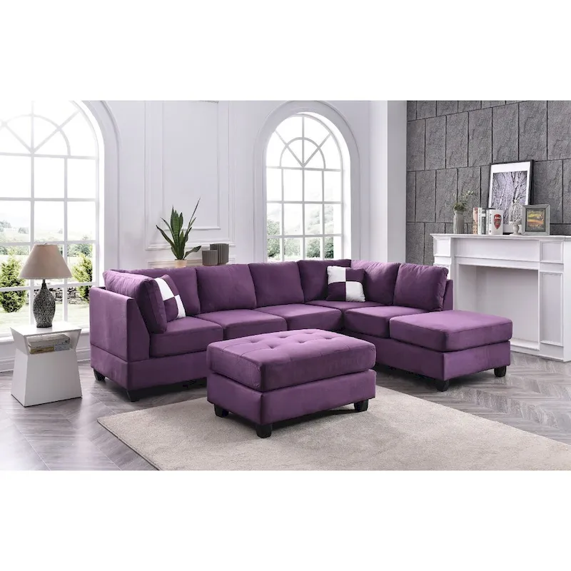 Reversible Microsuede 4-Seater Sectional Sofa with Throw Pillows - 111 - Purple