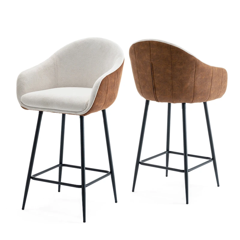 Roomfitters 26.5 Modern Upholstered Counter Stools, Set of 2 Bar Height Chairs with Metal Legs and Cushioned Seat, Beige+Brown