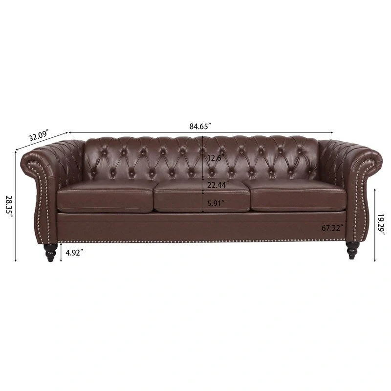 GEITIN 84.65 PU Rolled Arm Chesterfield 3 Seater Sofa