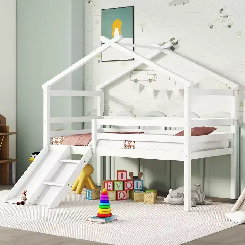 Whisen 81.7L x 67.6W Twin Low Loft House Bed with Slide, Ladder, Safety Guardrails, House Roof Frame