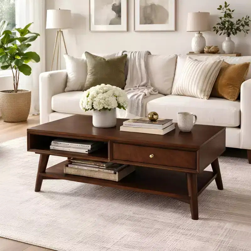 Brown Wood Rectangle Coffee Table, 4-Leg, Seats 2–4