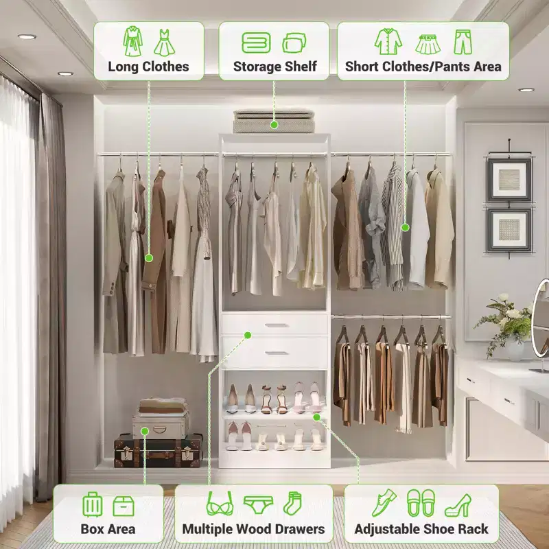 Besiost Closet System with 2 Wooden Drawers and Adjustable Shoes Rack