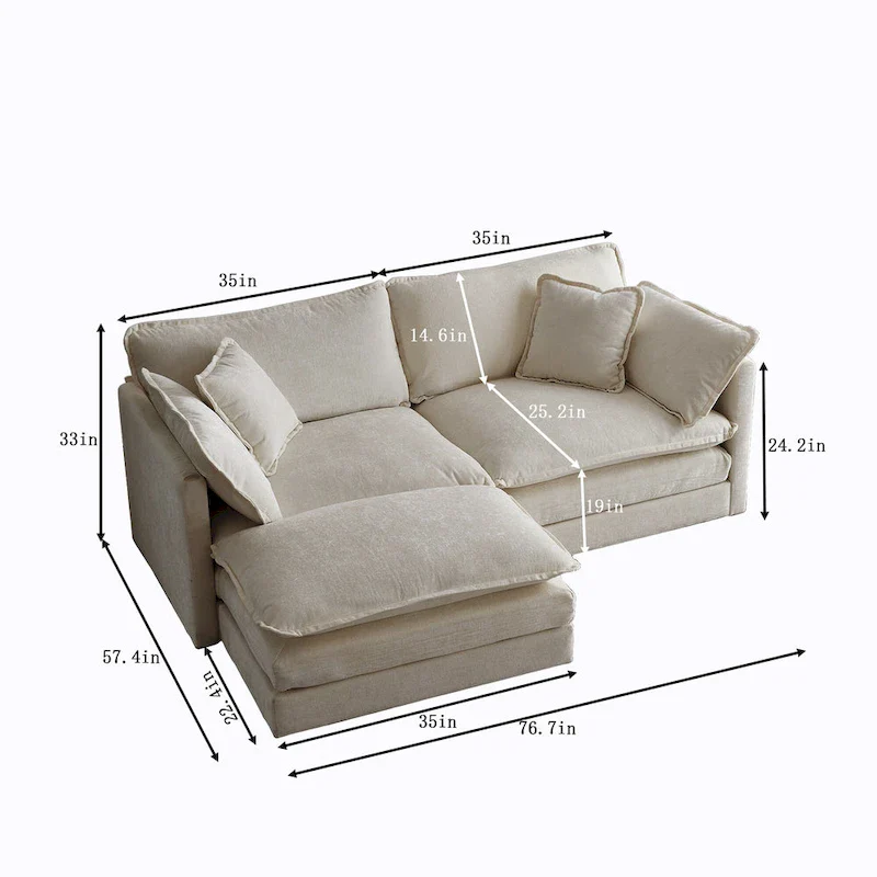3-Piece Modular Chenille Upholstered L-Shaped Sectional Sofa with Ottoman