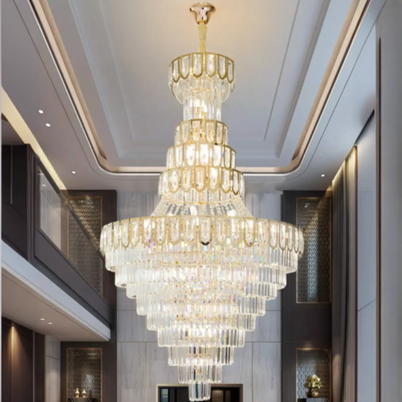 Luxury Adjustable Gold Tiered Crystal High Ceiling Chandelier
