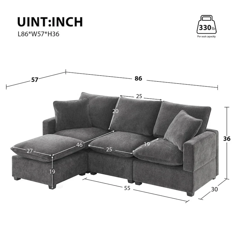Nestfair Modern Modular Sofa 4 Seat Chenille Sectional Couch Set with 2 Pillows Included