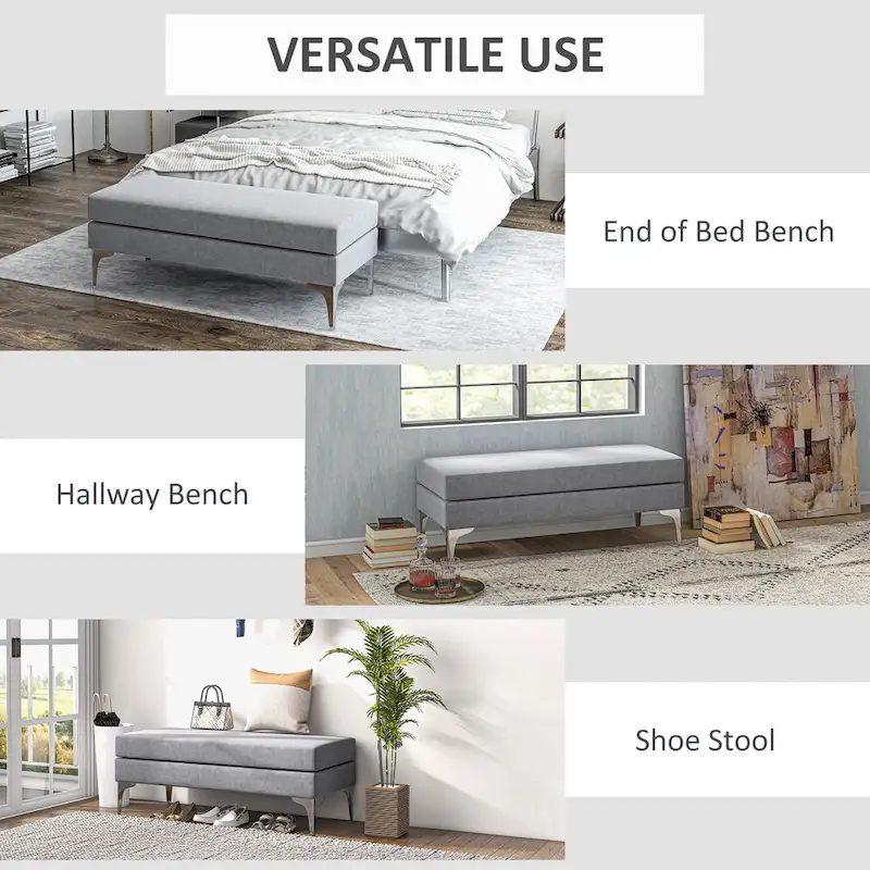 HOMCOM 48 End of Bed Bench, Upholstered Entryway Bench with Double Layer Seat Cushions and Steel Legs, Bedroom Bench, Dark Gray