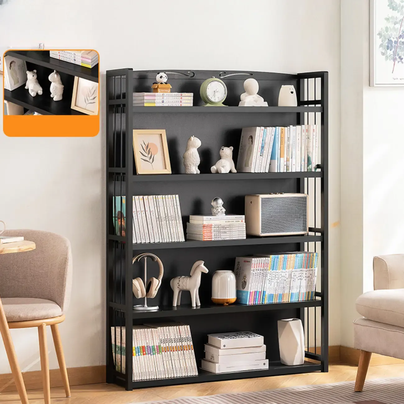 Premium Bamboo Modern Black 5-Shelf Open Bookshelf
