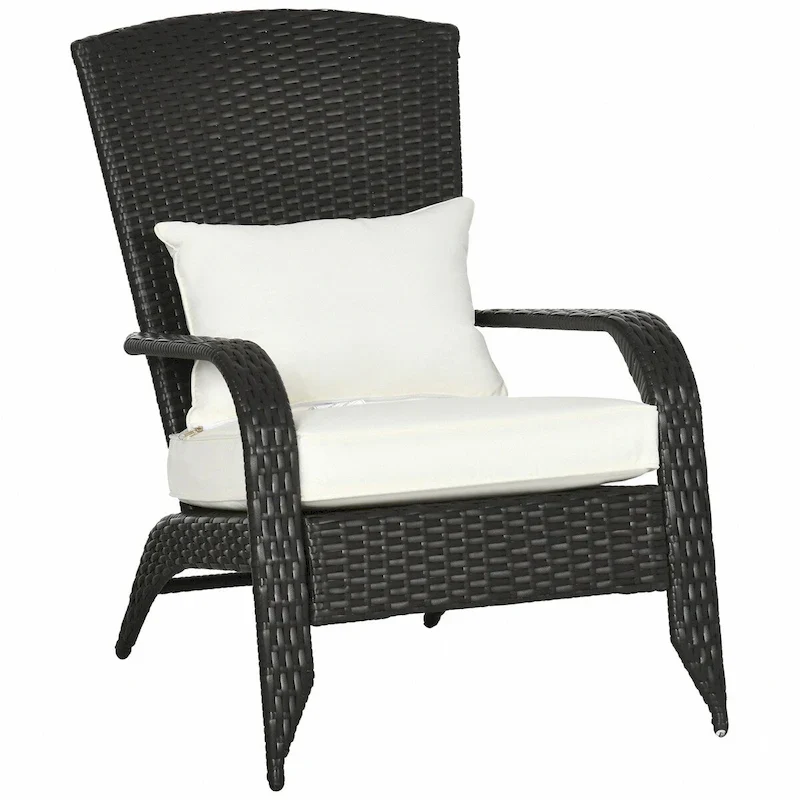 Patio Wicker Adirondack Chair, All-Weather Rattan Fire Pit Chair Soft Cushions, Tall Curved Backrest and Armrests