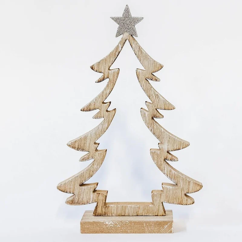 Wooden Christmas Tree Outline With Silver Star Figurine