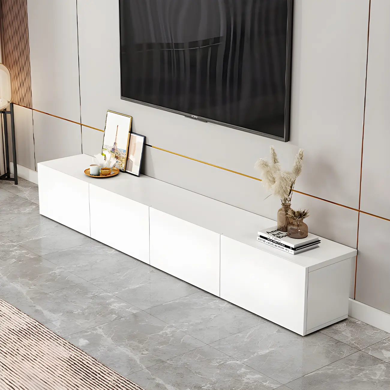 63 White Wooden Cable Management TV Stand with Drawers