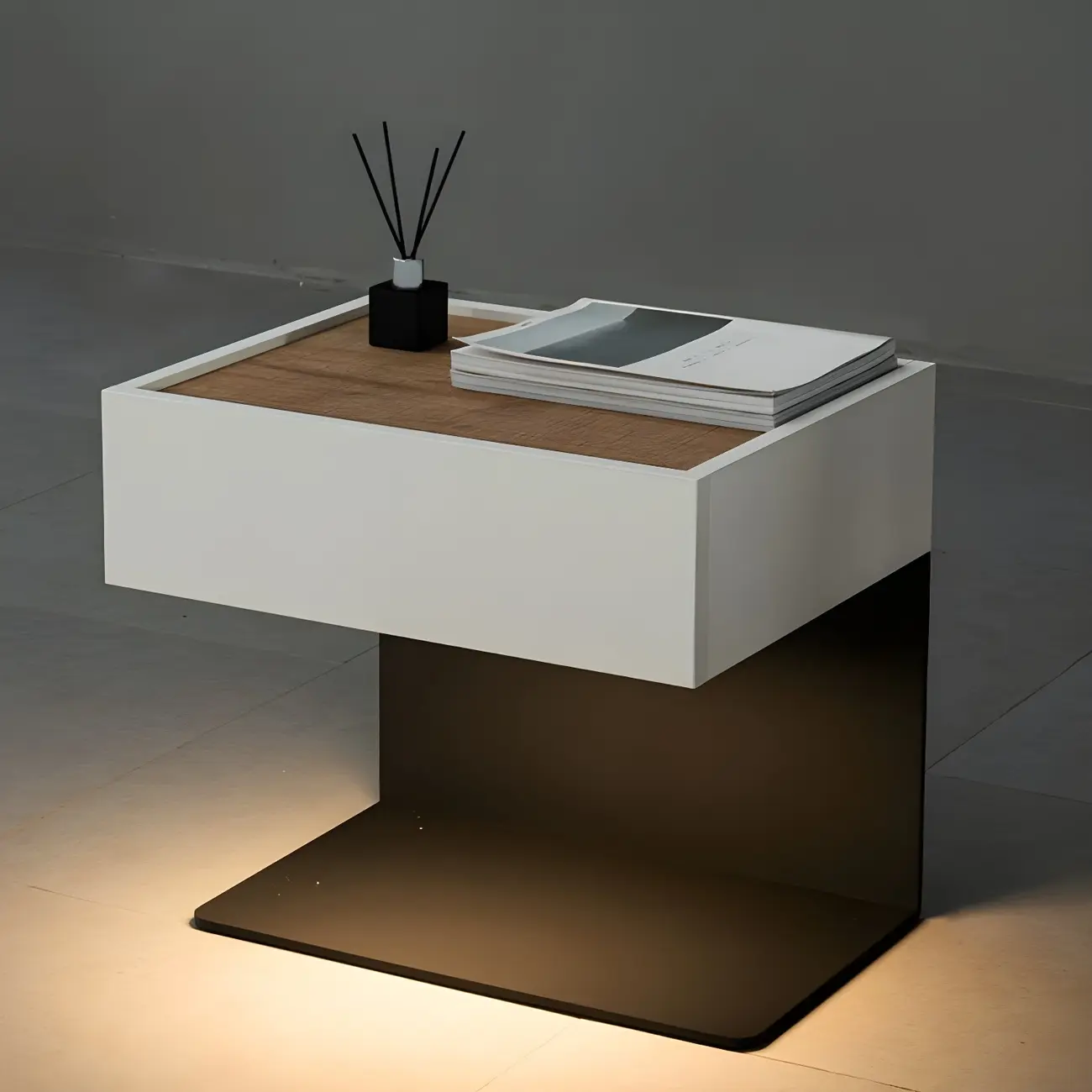 Black Steel Wood C-Shaped Drawer Nightstand with Light