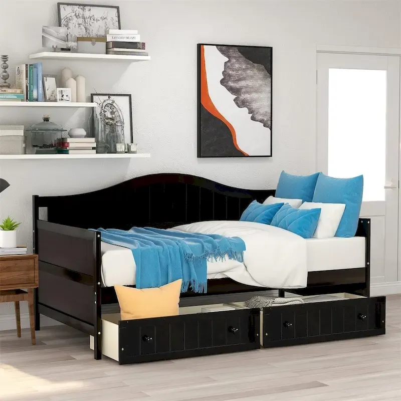 Twin Wooden Daybed, 2 Storage Drawers, Solid Wood & MDF, 10 Slats, No Box Spring, Seats/Sleeps 1, Espresso/White/Grey