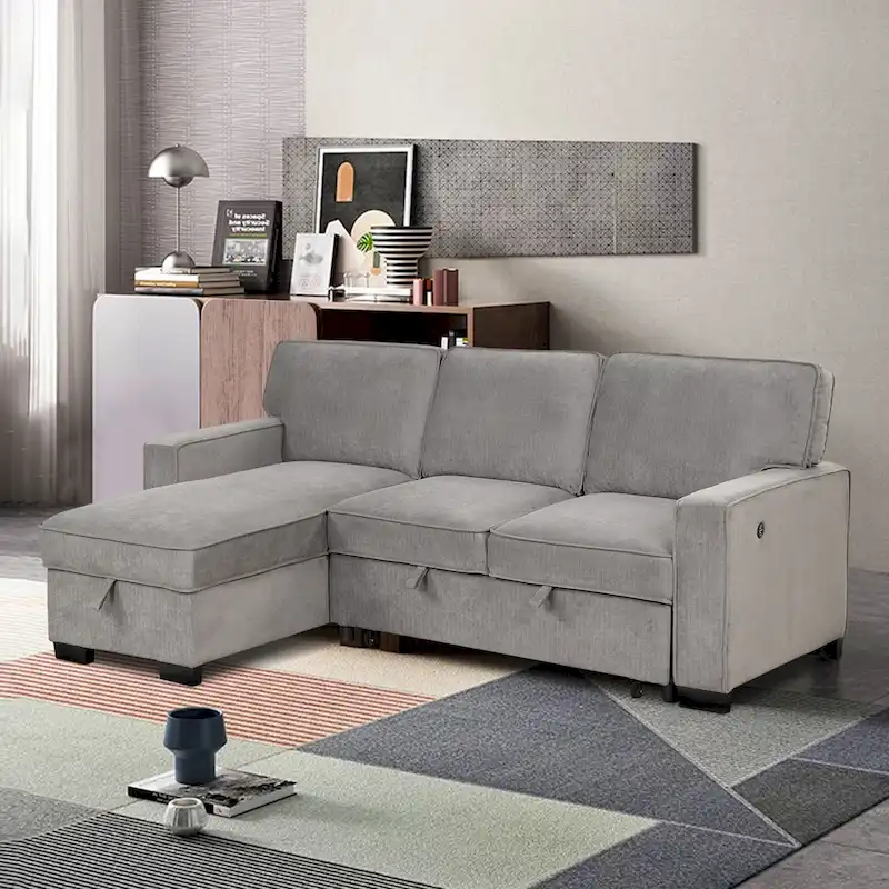 Pull Out Couch Futon Bed with USB Ports and Cup Holders ,Sectional Sofa with Storage Chaise