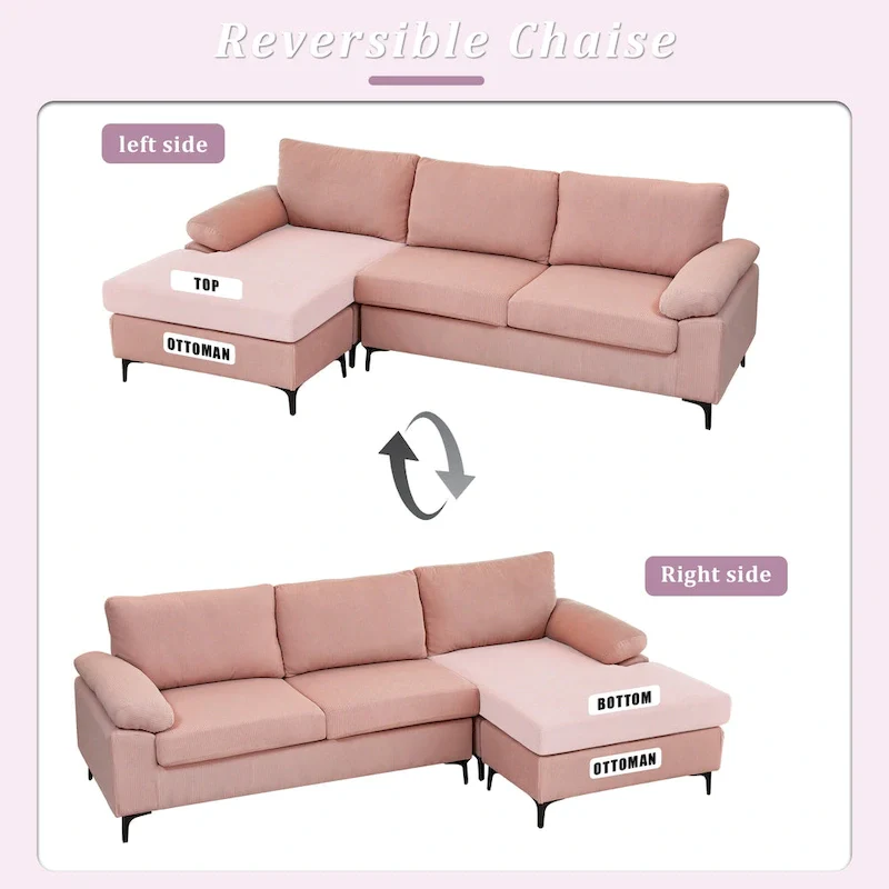 Reversible Chaise Sofa, Suede Fabric, Metal Legs, Spring Coils, Light Brown/Brown/Grey/Blue/Beige