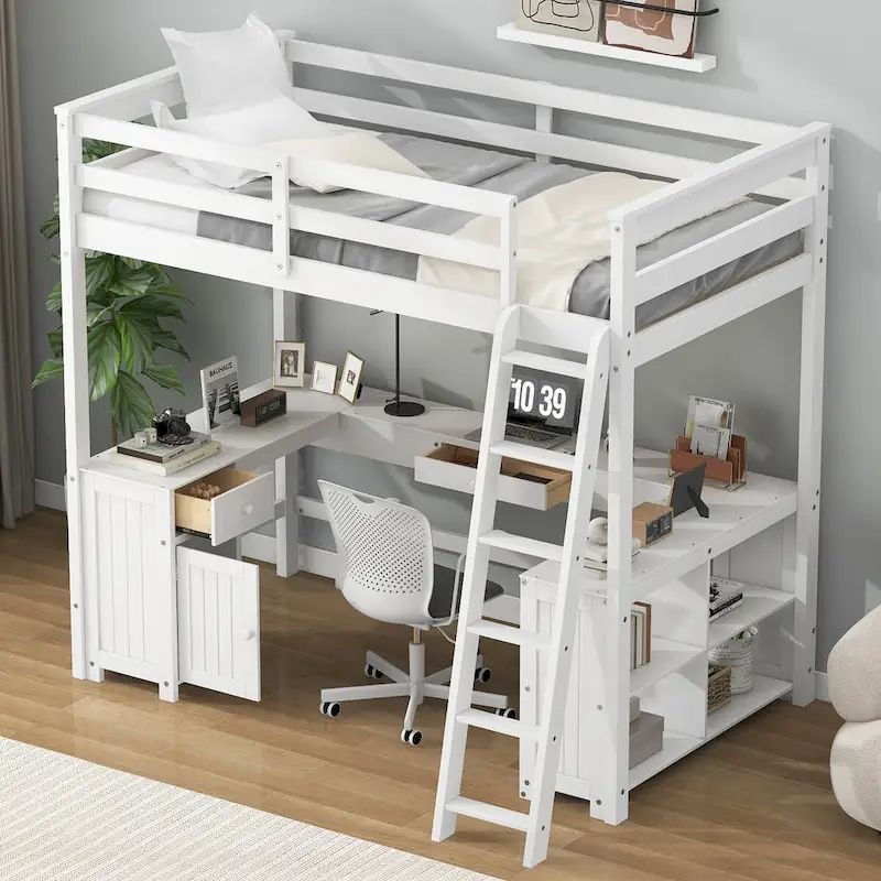 Full Size Wooden Loft Bed with U-shaped Desk, Drawers and Storage Shelves