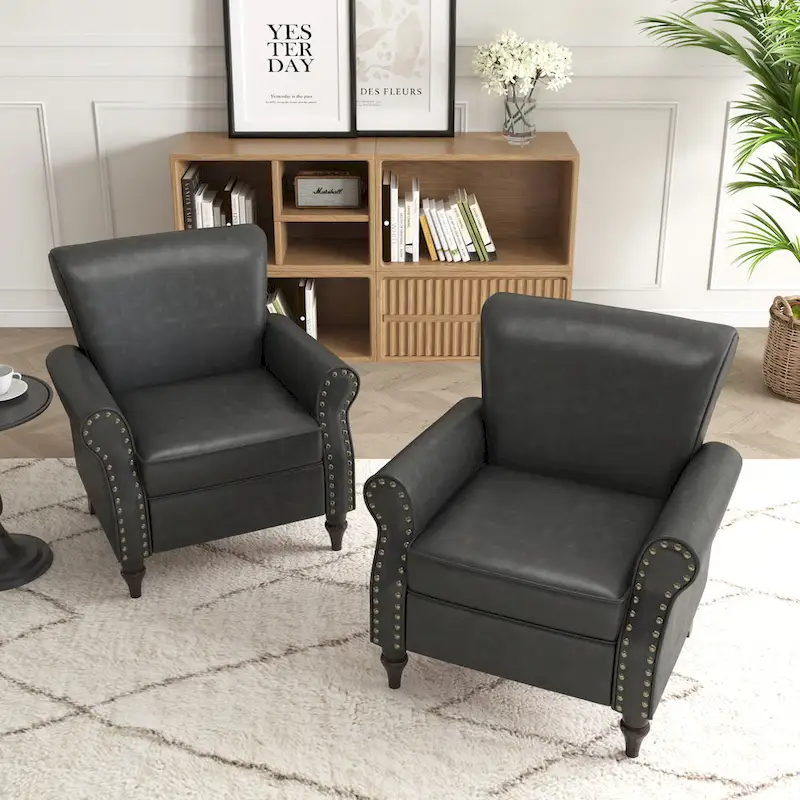 PU Leather Accent Chair, Brown/Black/Grey, Rolled Arms, Nailhead Trim, Set of 2, Seats 2