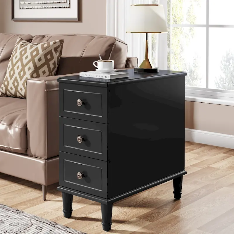 Wood End Table, Fully Assembled Narrow Side Table with 3 Drawers