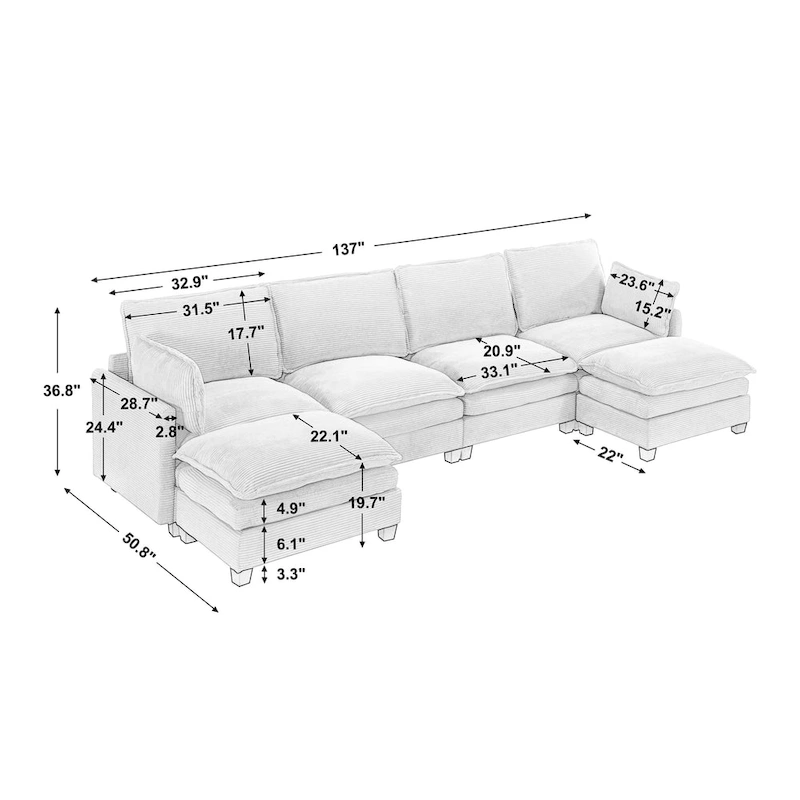 102 Velvet U-Shaped Sectional Sofa with Ottoman & Lumbar Pillows