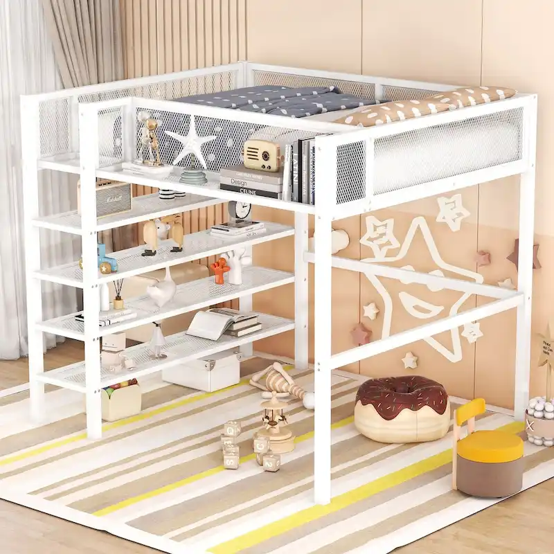 Full Size Metal Loft Bed with 4-Tier Shelves and Storage