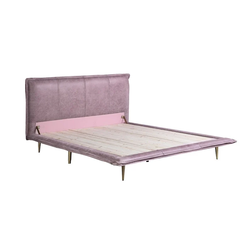 Top Grain Leather Eastern King Bed with Metal Legs in Pink Finish