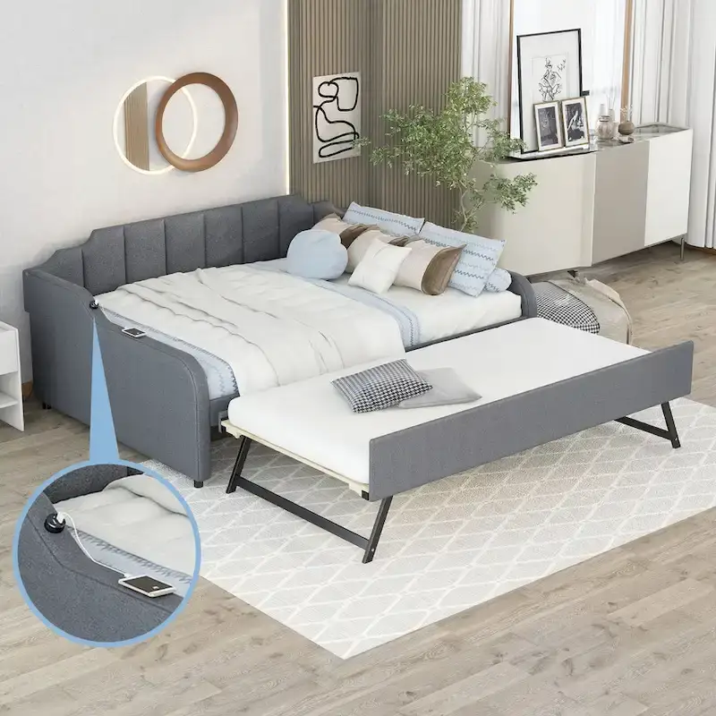 Upholstery Daybed with Trundle and USB Charging Design
