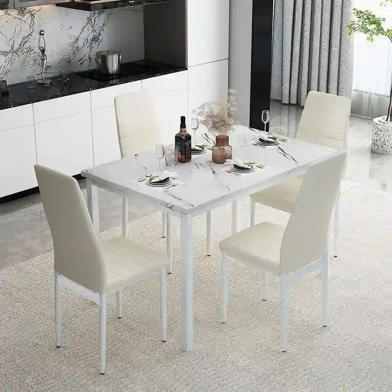 Modern 5-Piece Kitchen Dining Set, Counter Height Dinette Set with Marble Look Top and 4 Upholstered PU Leather Chairs