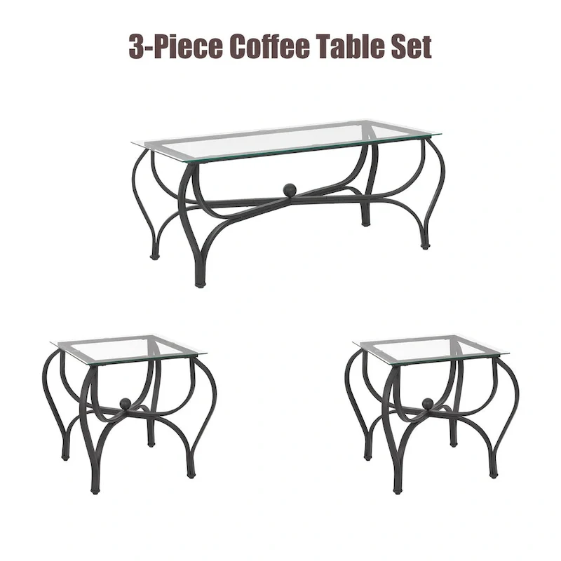 3-Piece Tempered Glass Coffee Table Set - Rustic Black Metal Frame