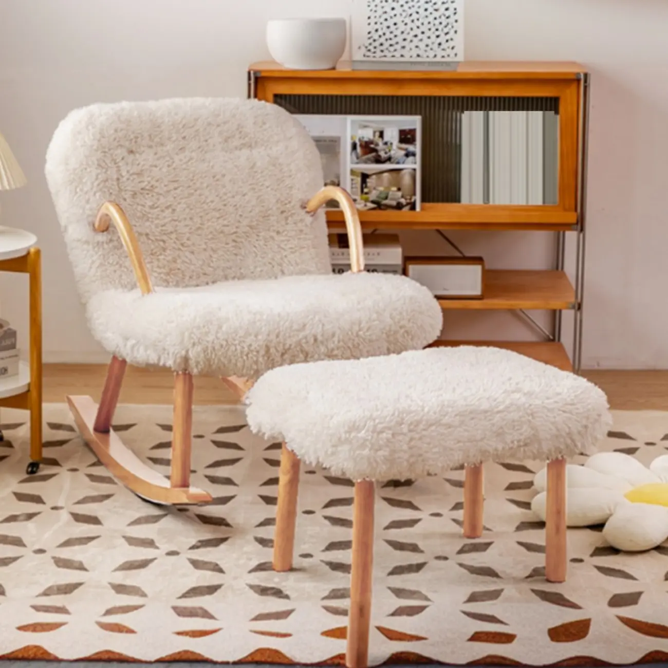 Stationary Solid Wood Rocking Chair with Ottoman & Track Arms