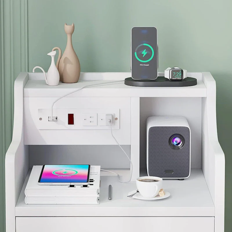 3-Drawer Nightstand with Built-in Charging Station and Open Shelf – White / Pink / Grey / Black, for 1 Person