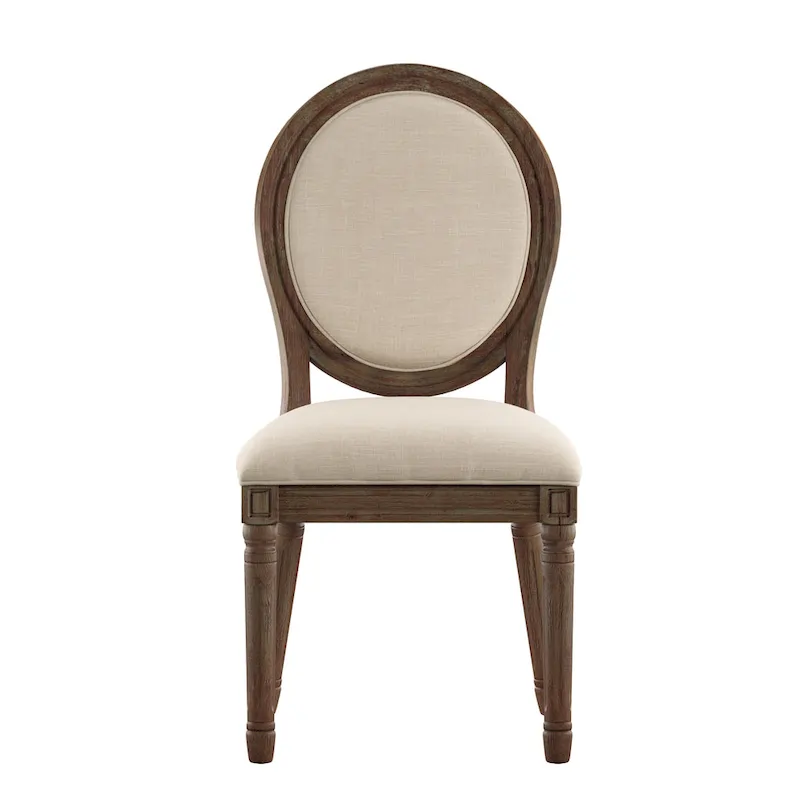 Round Linen and Wood Dining Chairs Set of 2, Artisan Style Upholstered Side Chairs