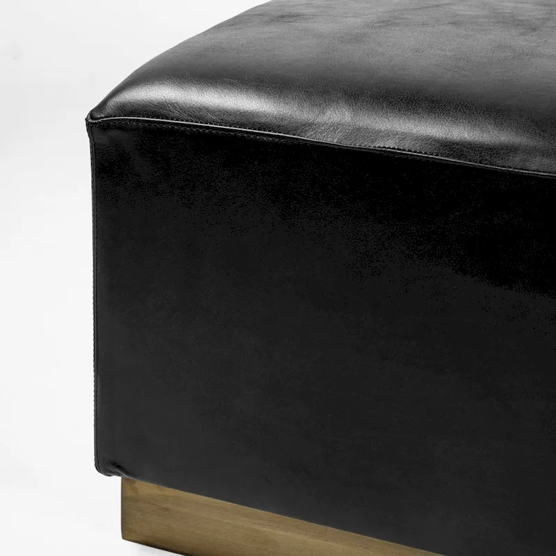 36 Square Ottoman Black Genuine Leather Top-Grain Upholstery Brass Metal Base Modern Living Room Furniture