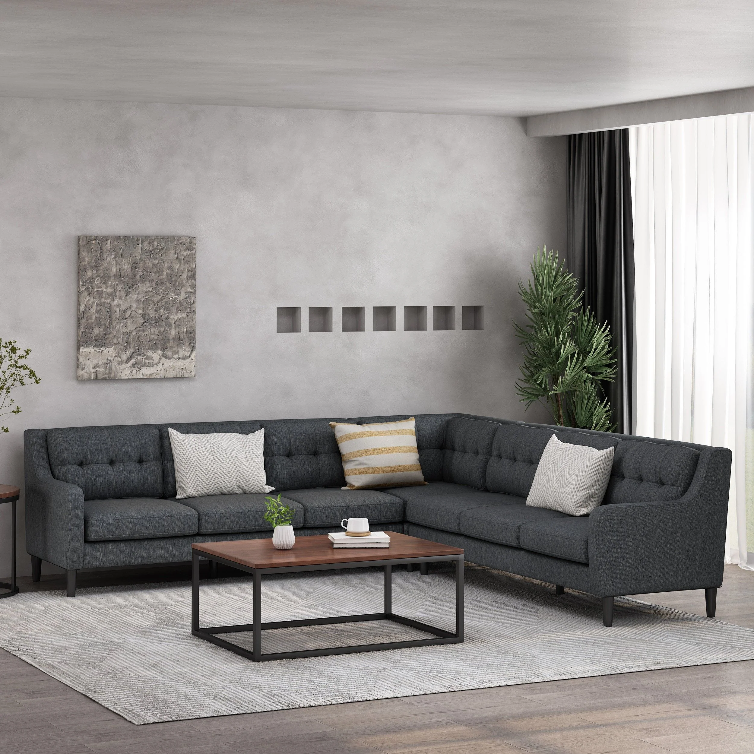 Contemporary Tufted Fabric 7 Seater Sectional Sofa Set - NH688413