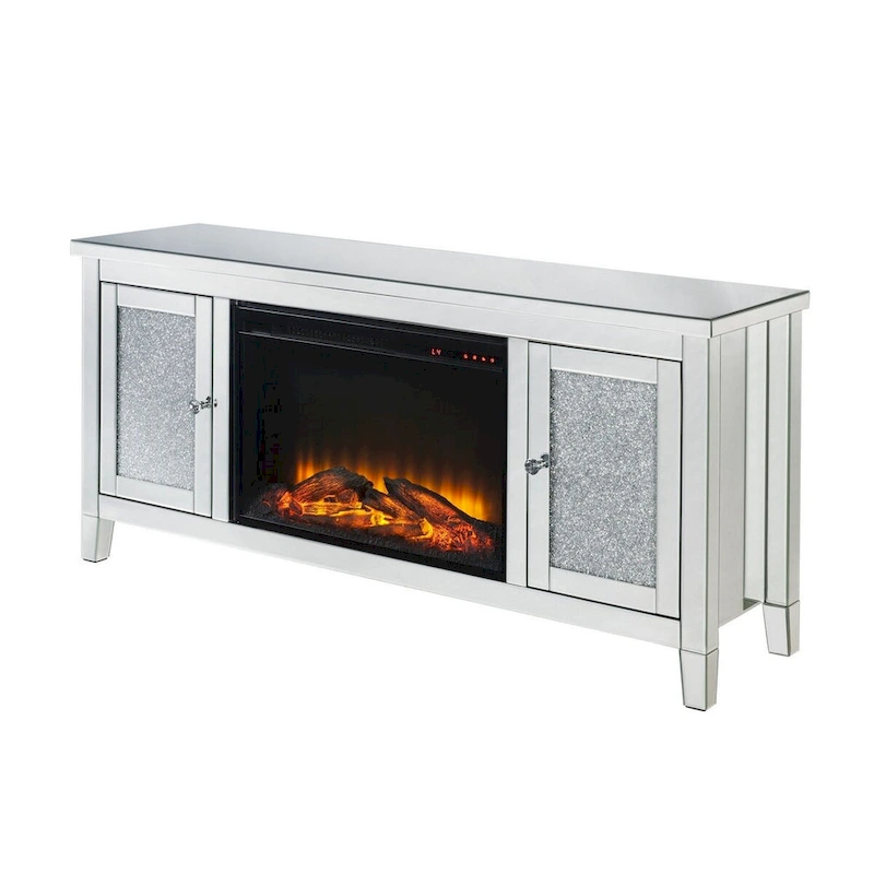 TV Stand with Electric Fireplace and Mirror Panel Framing, Silver
